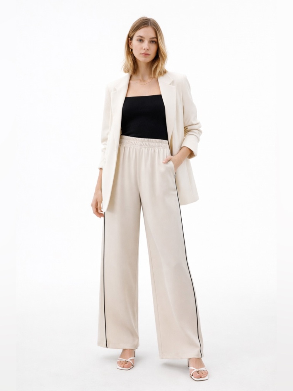 ZARA Wide-Leg Modal Trousers Cream w/Black Piping – Sz XL (NWT)